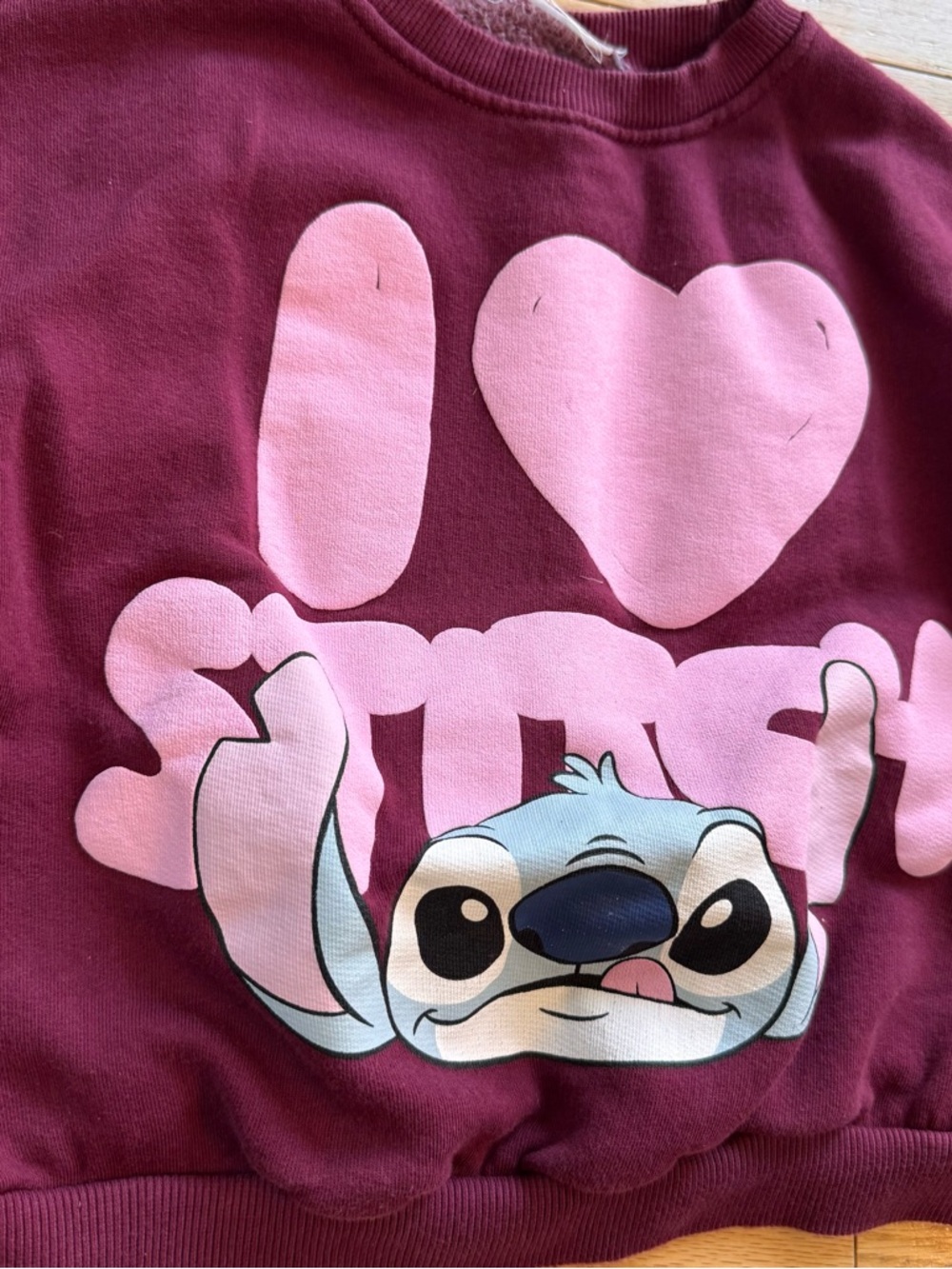Zara Kids Disney Lilo & Stitch Sweatshirt Burgundy Maroon Pink Heart Pullover